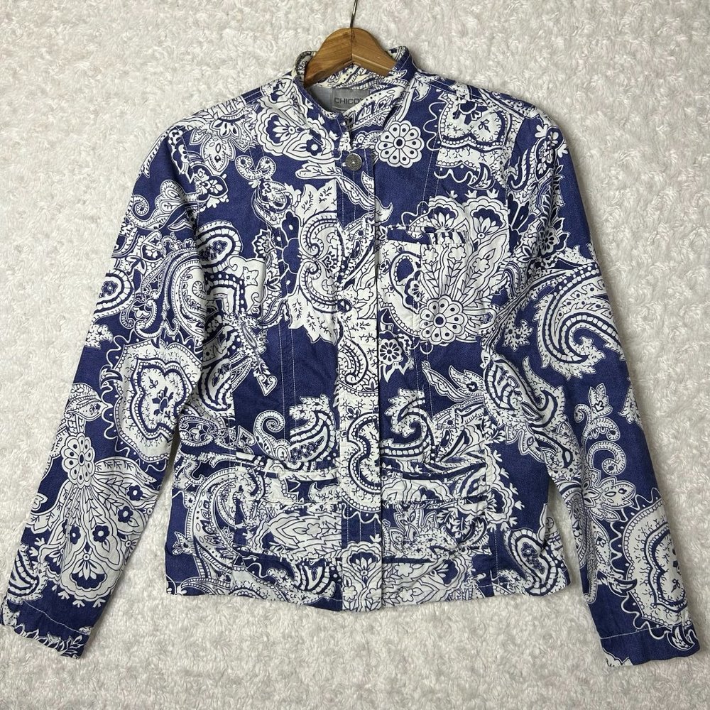 Chico's Paisley Print Denim Jacket Button Front Long Sleeve Blue‎ White Size 0